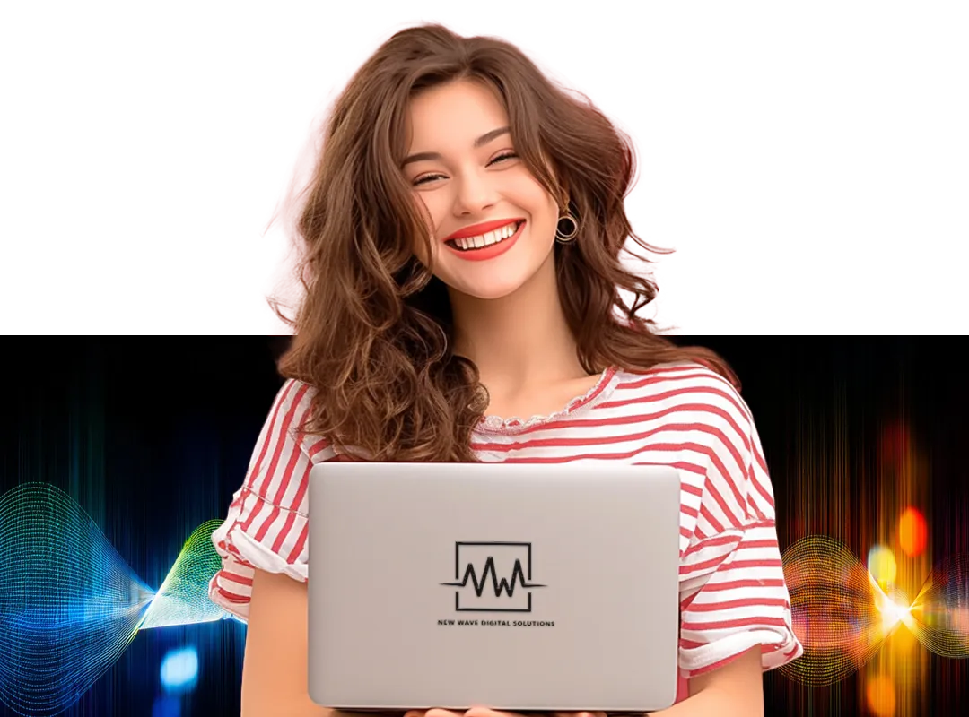 Young woman smiling and holding a laptop with the New Wave logo on it